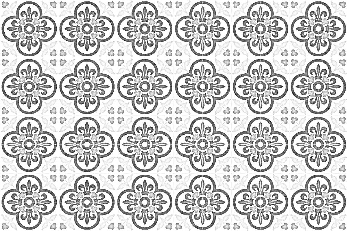 Раскраска Черно-белая керамическая плитка с цветочным узором и мелкими геометрическими элементами
