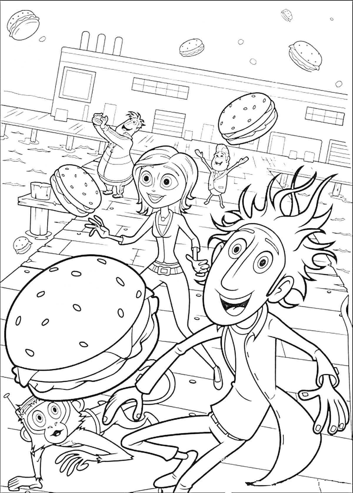 Раскраска Главные герои мультфильма с большими гамбургерами, падающими с неба перед зданием