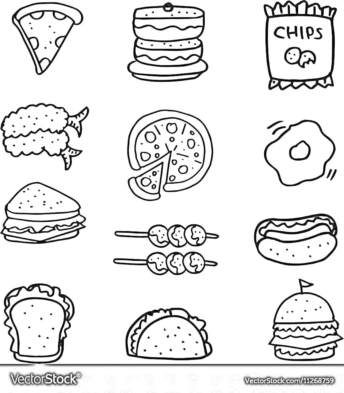 На раскраске изображено: Еда, Пицца, Торт, Чипсы, Жареное яйцо, Бутерброд, Хот-дог, Хлеб, Тако, Бургер