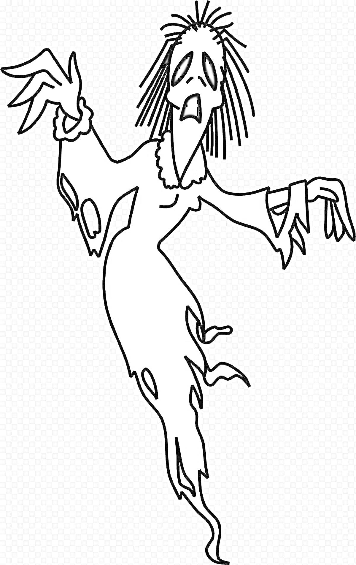 Раскраска Кикимора в рваном платье с прядями торчащих волос, устрашающая поза