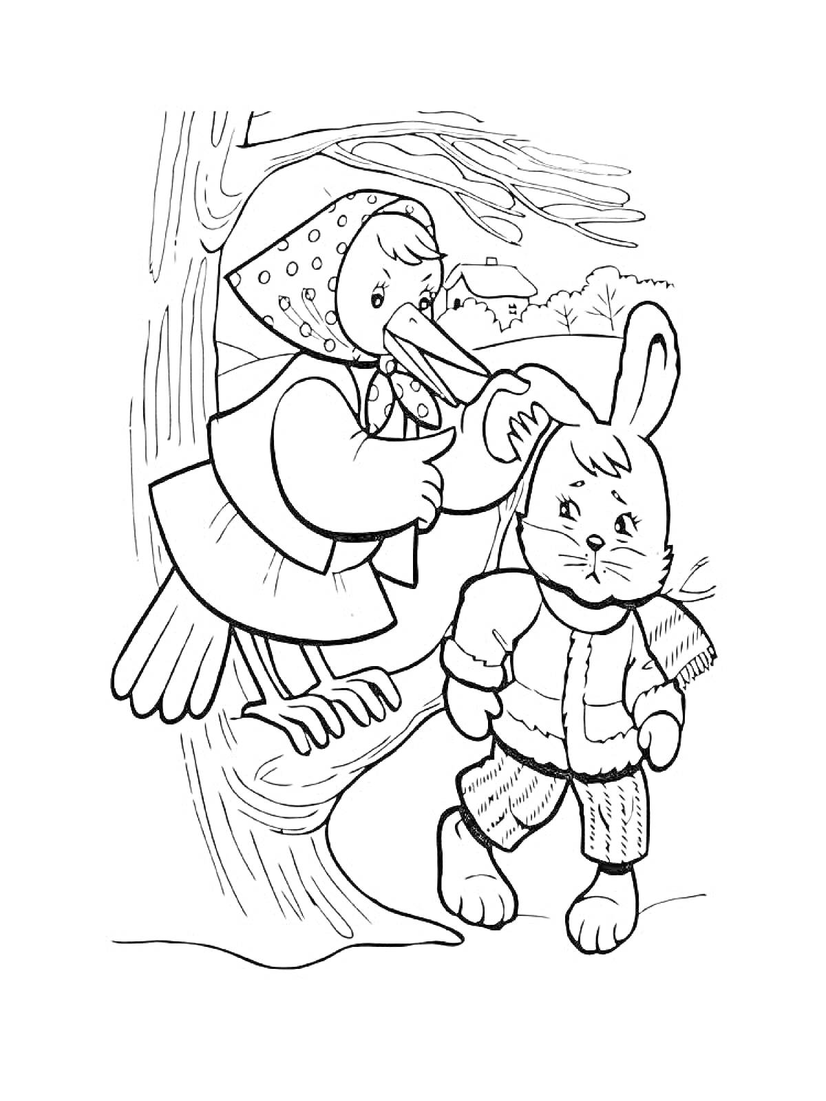 Раскраска Аист в платке и плаще вместе с кроликом в куртке среди деревьев