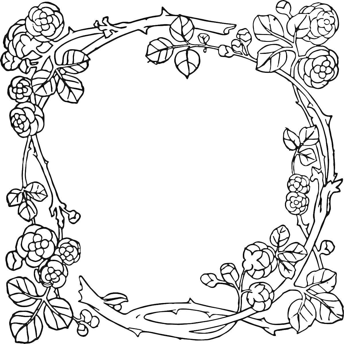 Раскраска Красивая рамка с цветами и листьями