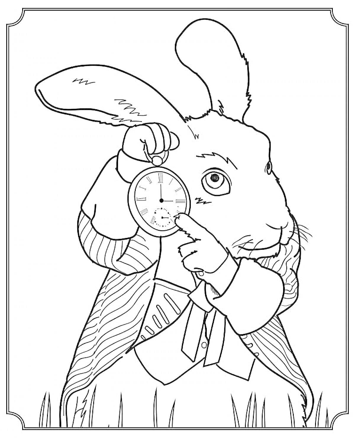 На раскраске изображено: Карманные часы, Кролик