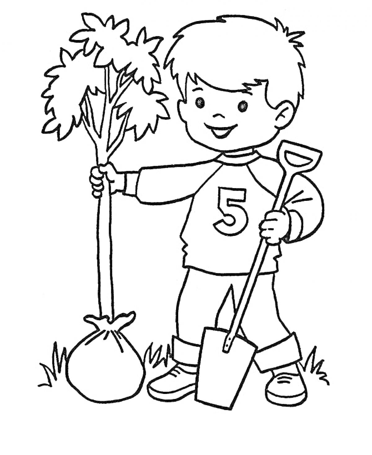 На раскраске изображено: Мальчик, Лопата, Трава, Растения, Садоводство, Деревья