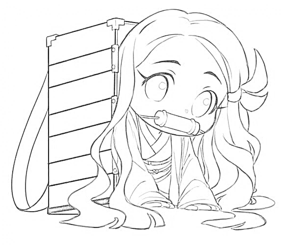 Раскраска Девочка с длинными волосами и коробкой за спиной, сидит на коленях и держит бамбуковую трубку во рту