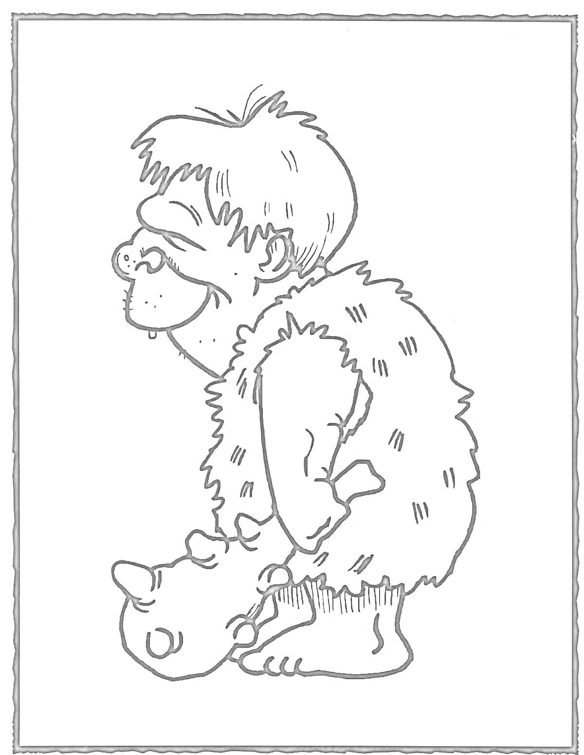 Раскраска Первобытный человек в меховой одежде, стоящий рядом с игрушкой динозавра