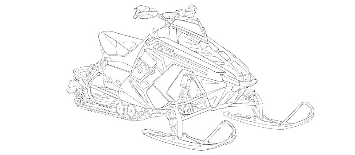 Раскраска Снегоход с деталями корпуса, гусеницей, передними лыжами и ручками управления