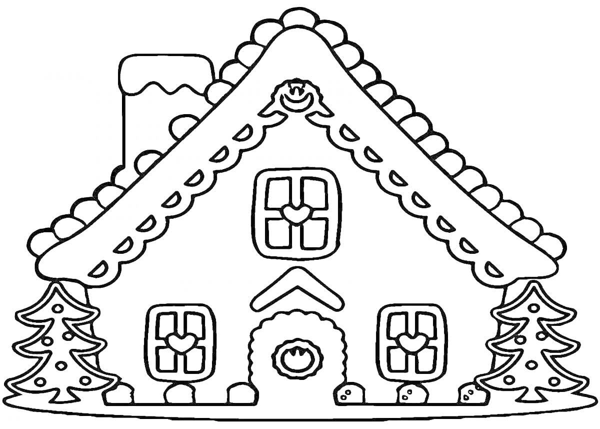Раскраска Дом деда Мороза с печной трубой, четырьмя окнами, дверью, двумя ёлками и декором на крыше