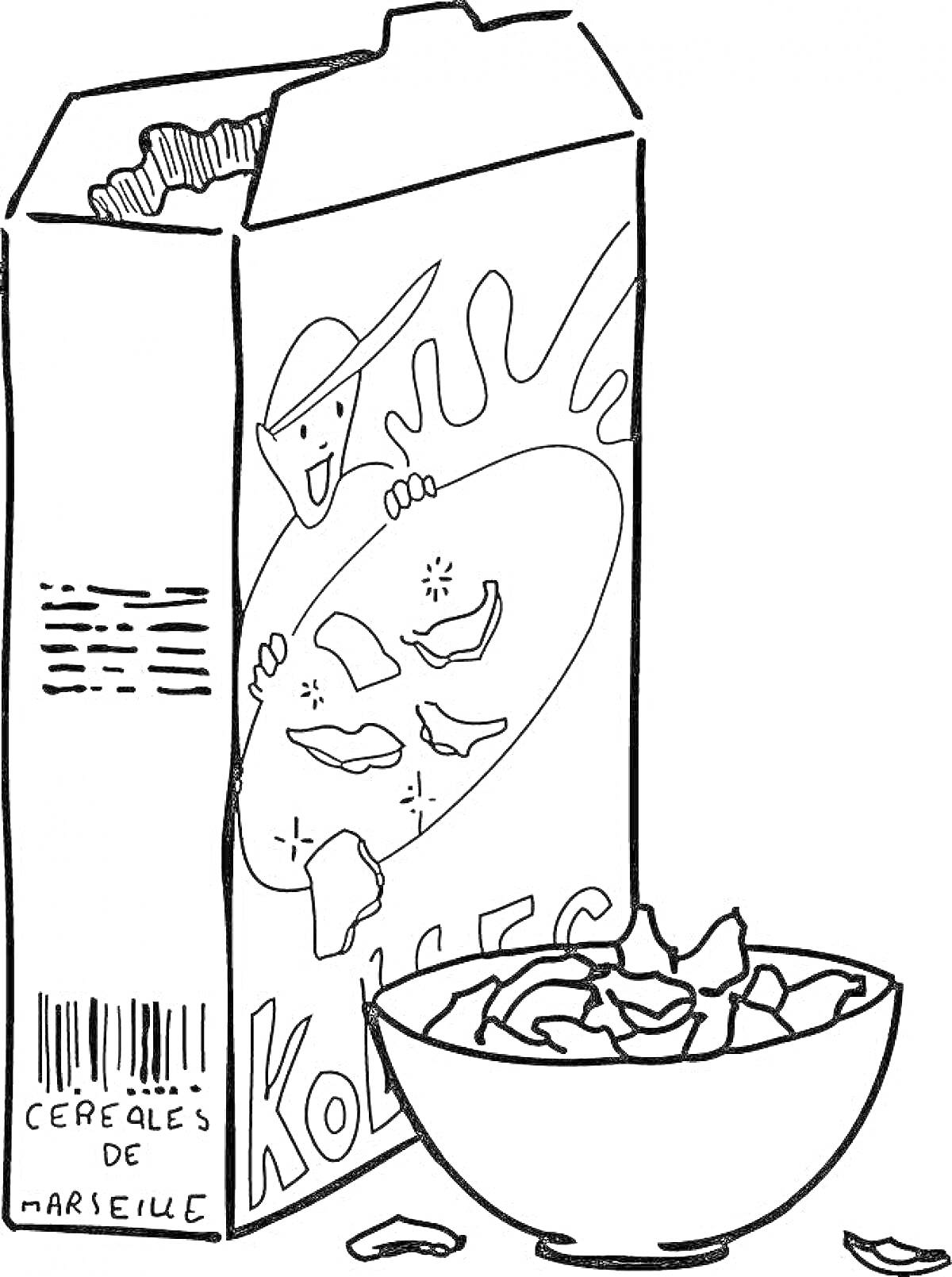На раскраске изображено: Коробка, Хлопья, Миска, Завтрак, Еда, Кухня