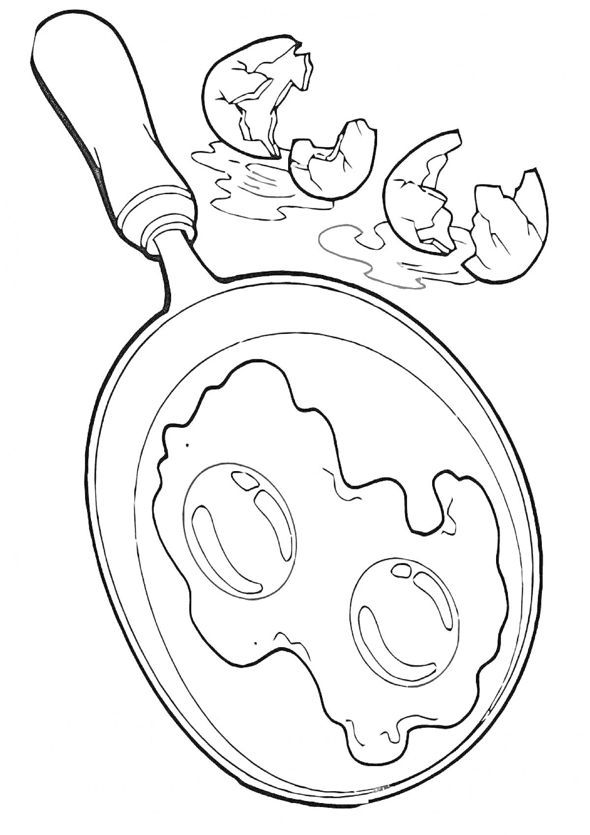 Раскраска Сковорода с двумя жареными яйцами и разбитой скорлупой