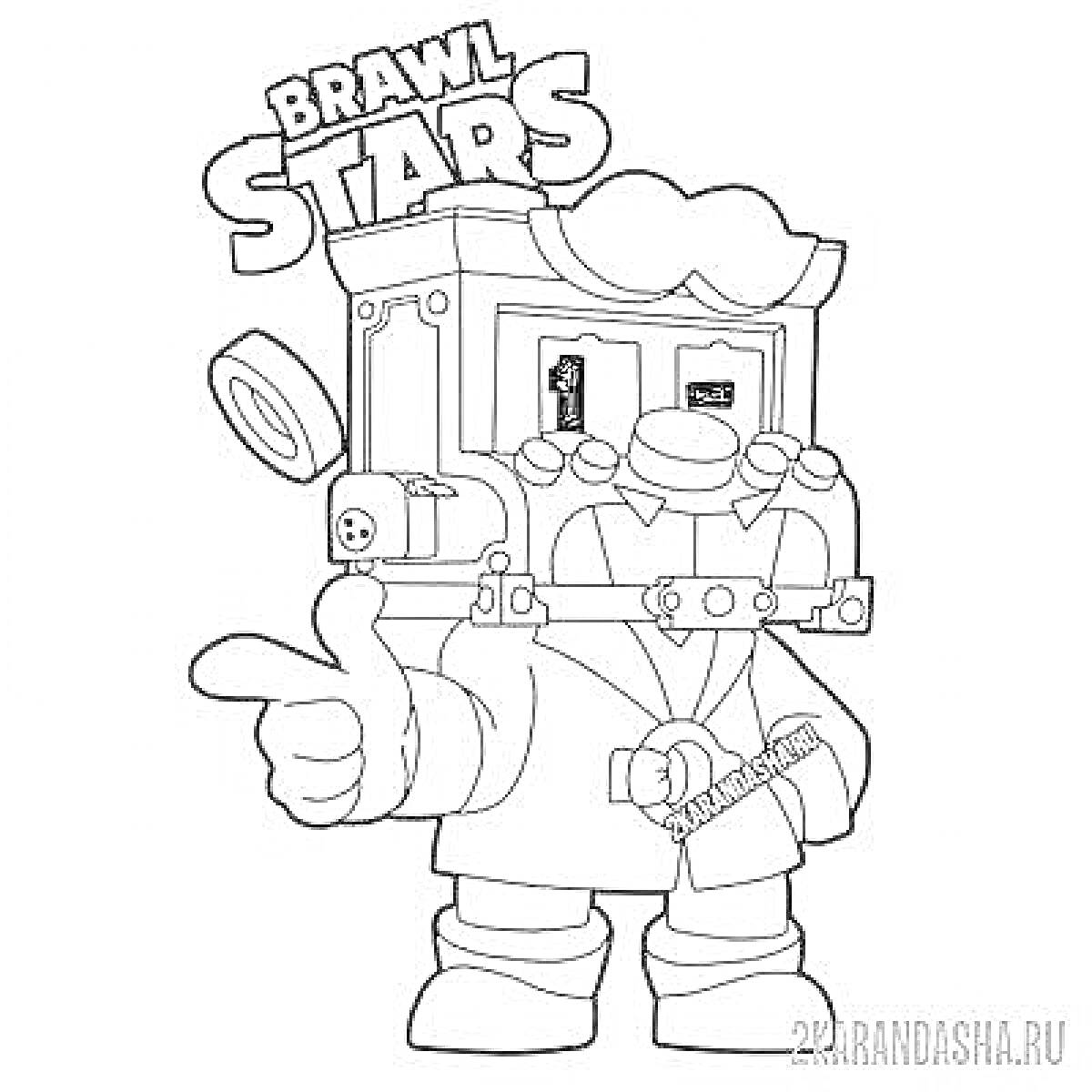 Раскраска Байрон из игры Brawl Stars с указательным жестом, держащий бутылку