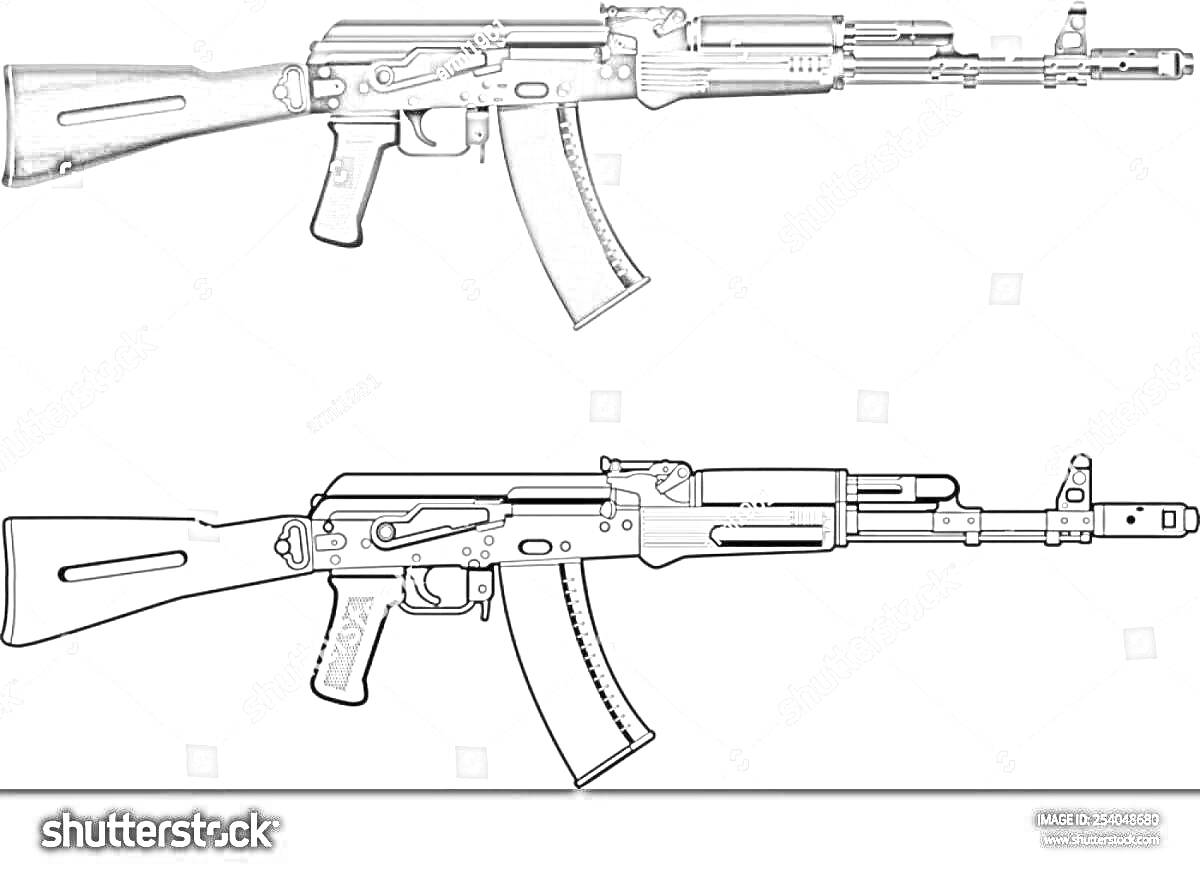 На раскраске изображено: Автомат, АК-74, Оружие, Военное оружие, Геометрия