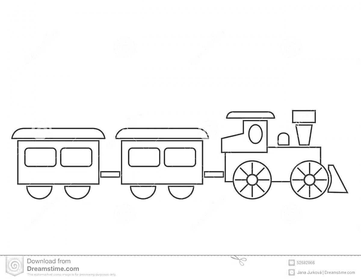 Раскраска Паровозик с двумя вагонами, двигатель, два колеса на каждом объекте, окно кабины, труба дымохода, сцепка