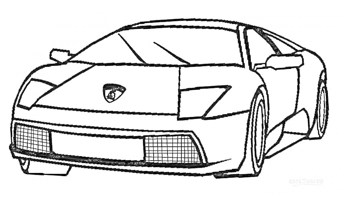 Раскраска Спортивная машина Lamborghini с передней решеткой и логотипом