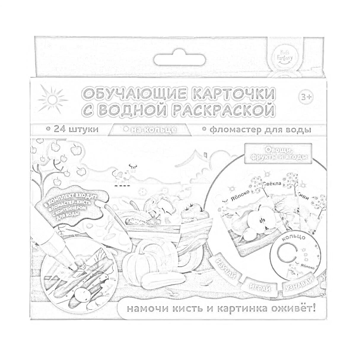 Раскраска Обучающие карточки с водной раскраской, на которых изображены подводные сцены с морскими животными и растениями, комплект из 24 штук, фломастер для воды в комплекте