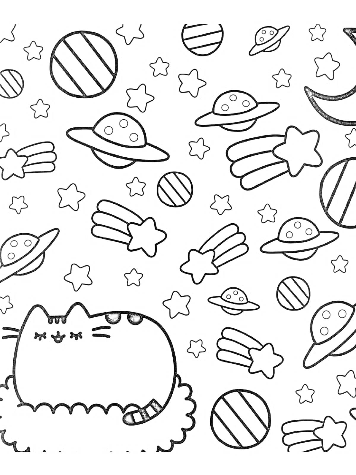 На раскраске изображено: НЛО, Планеты, Звезды, Космос, Мультяшный кот, Кот Леопольд