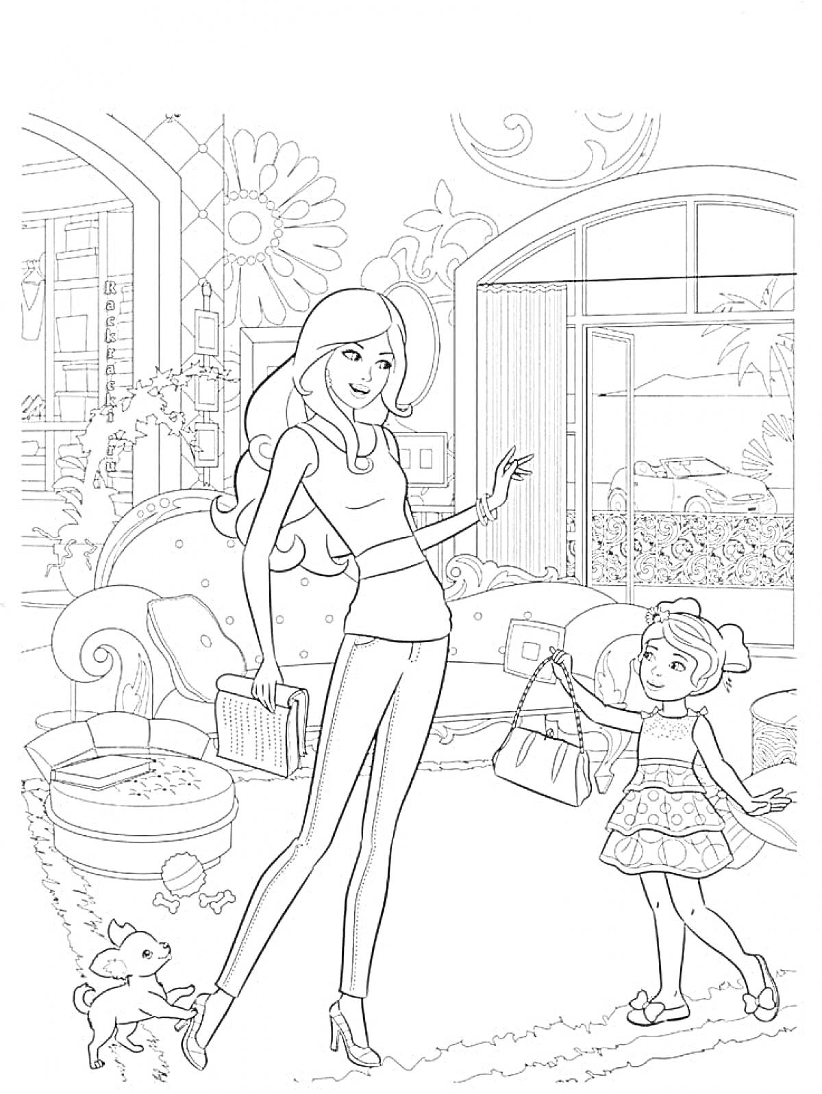 РаскраскаБарби и девочка в комнате с собачкой, цветами и окнами