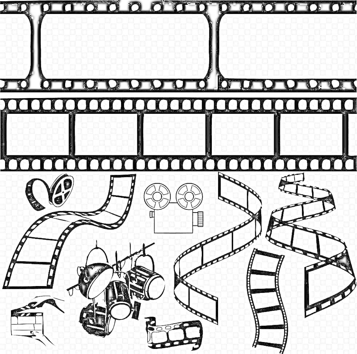 Раскраска Виньетка кинопленки с различными элементами: кинопленки, проекторы, кинокамеры, киноленты