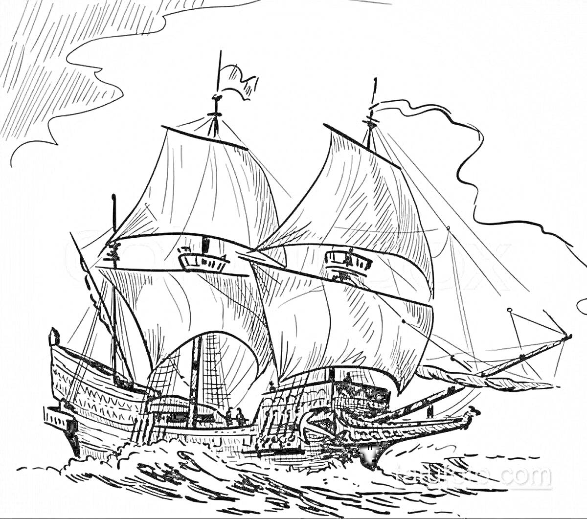 На раскраске изображено: Парусный корабль, Море, Паруса, Облака, Волны, Судно, Мореплавание