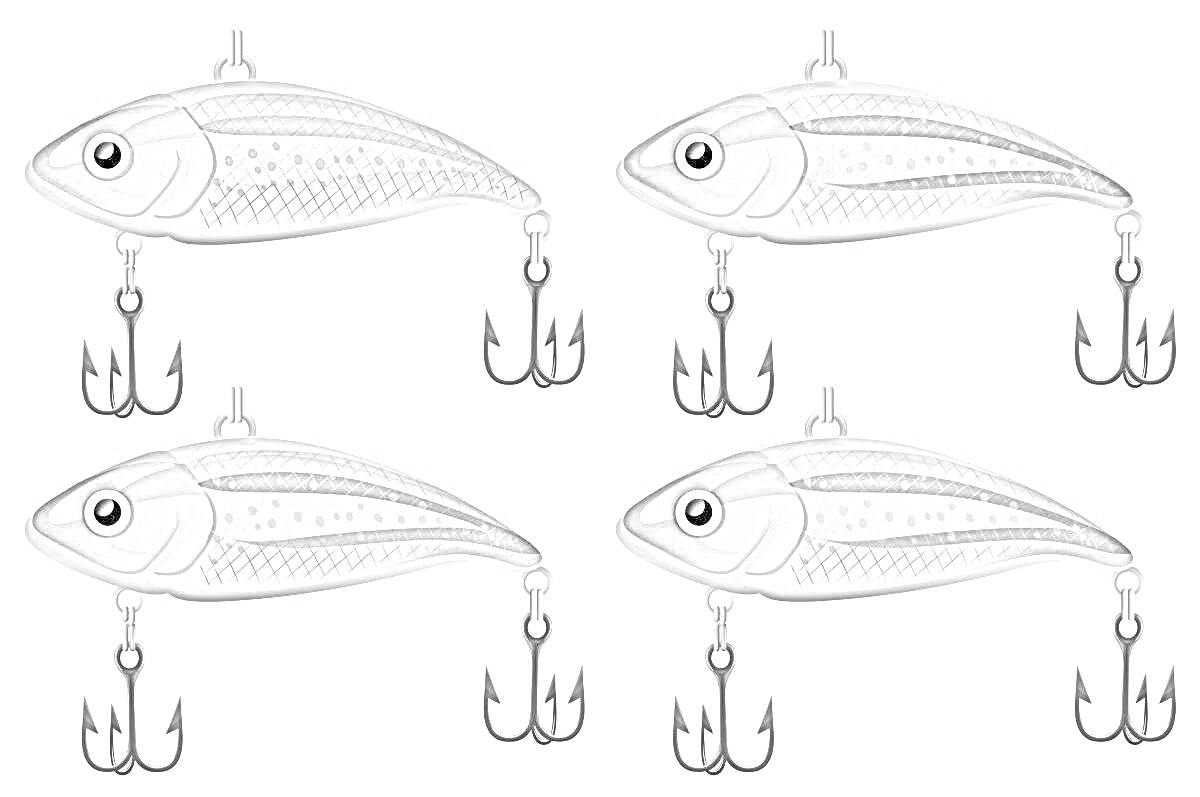 Раскраска Четыре воблера с тройными крючками, смотрящие вправо