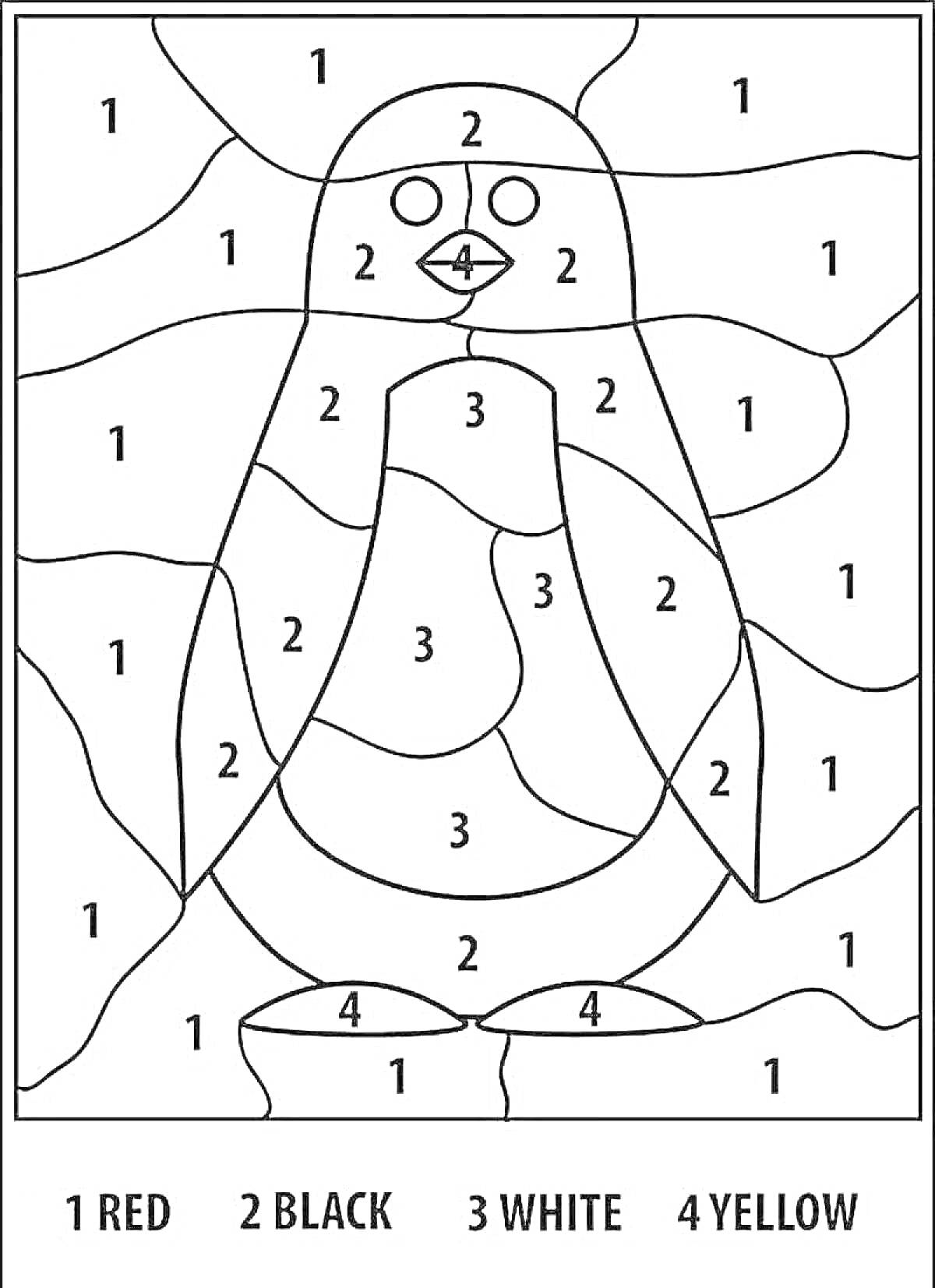 Раскраска Раскраска Пингвин по номерам (красный, черный, белый, желтый)