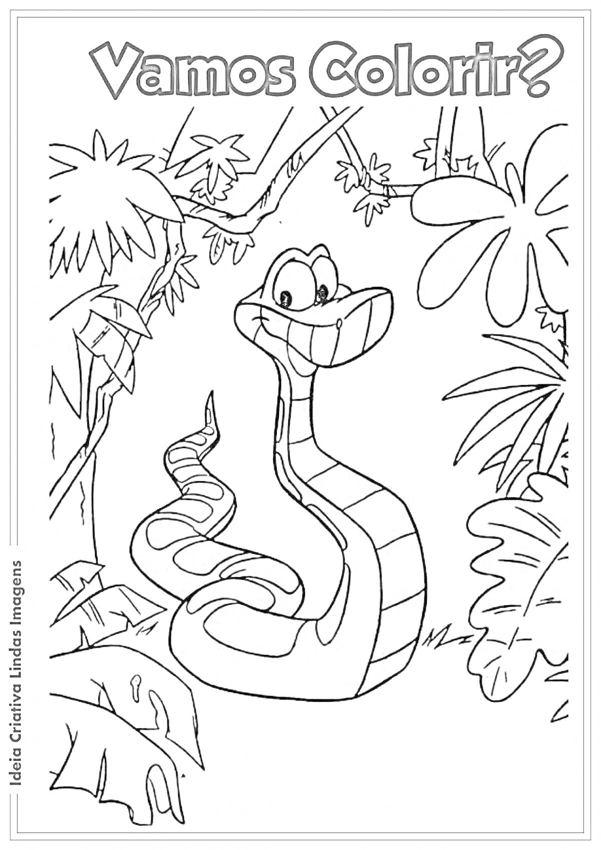 Раскраска Улыбающаяся змея в джунглях