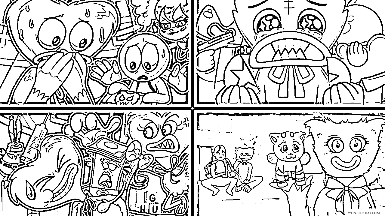 Раскраска Попиплейтайм 3 - Разные сцены с персонажами (сердитый персонаж с ручкой, напуганный персонаж, улыбающийся персонаж, игровая сцена с несколькими персонажами)