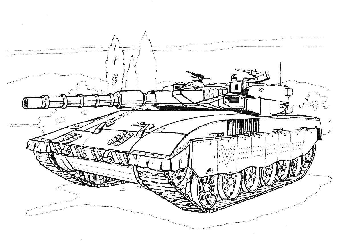 На раскраске изображено: Гусеницы, Бронетехника, Военная техника, Горизонт, Оружие, Артиллерия