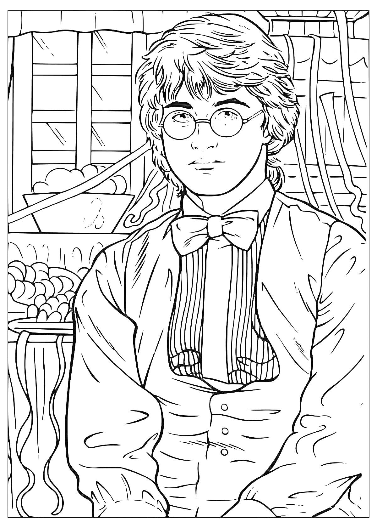 Раскраска Портрет мальчика в очках с бантом на фоне интерьера с окнами и фруктами