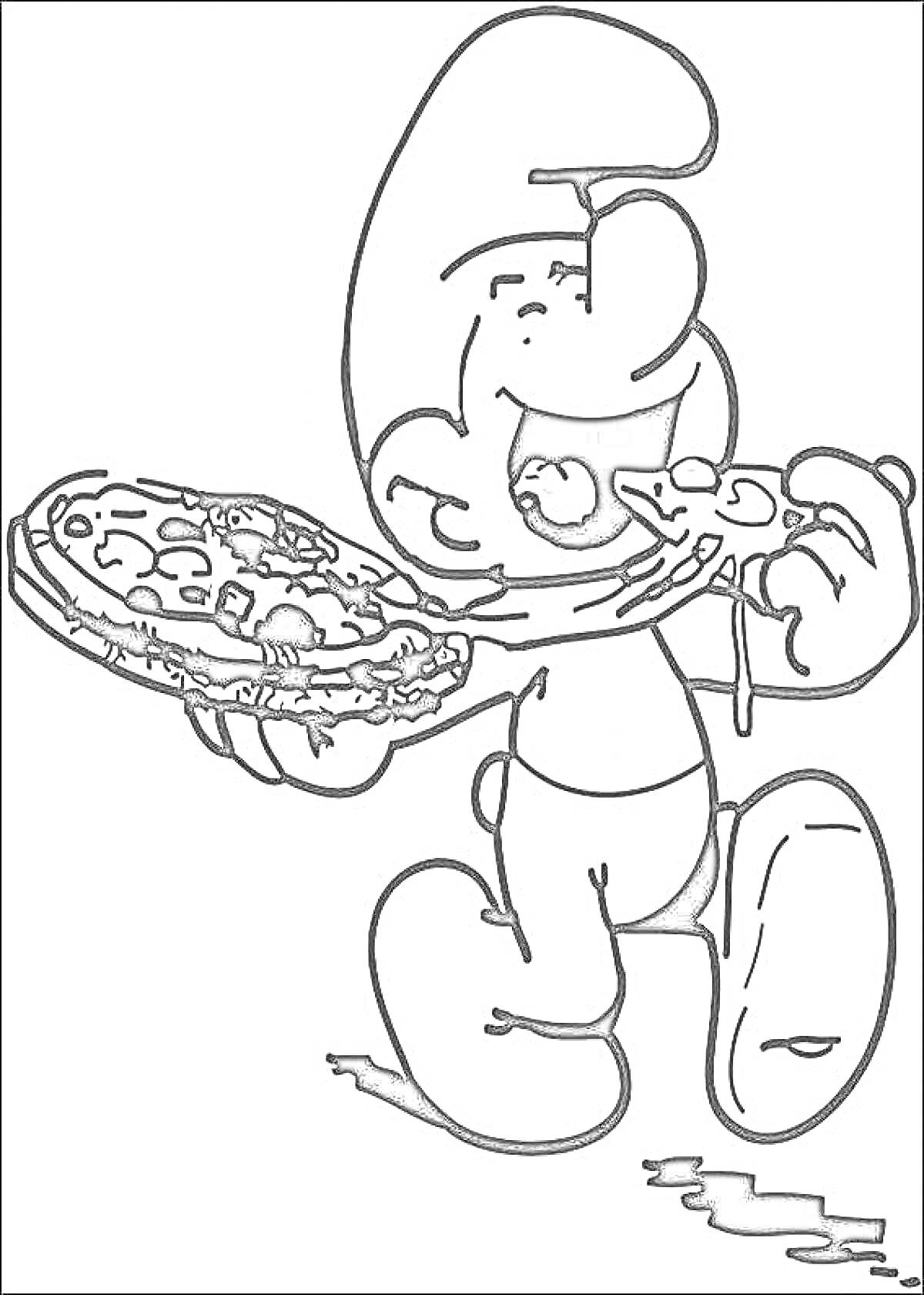 Раскраска Синее существо ест пиццу