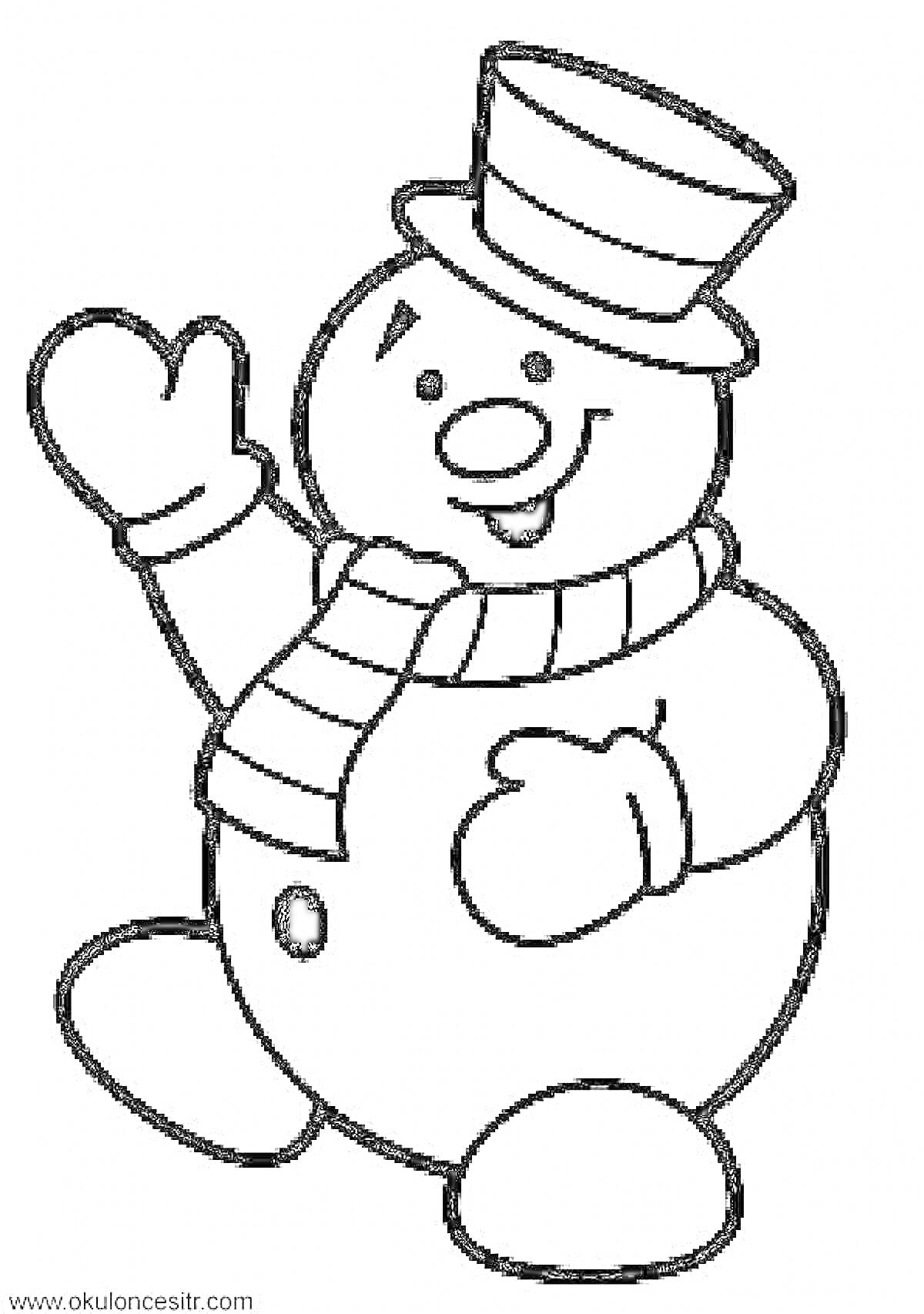 Раскраска снеговик с шляпой, шарфом и поднятой рукой