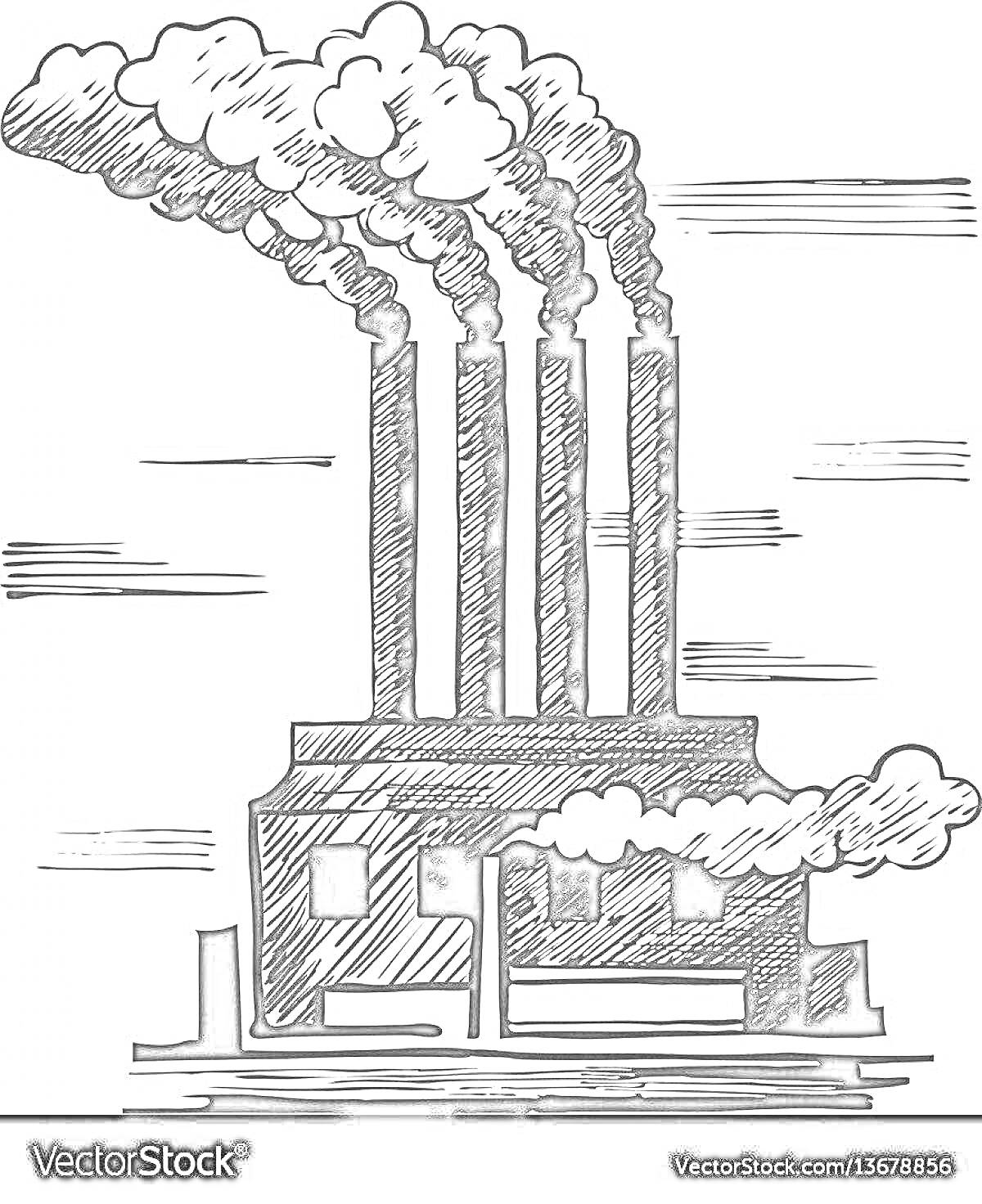 Раскраска Завод с четырьмя трубами, из которых идет дым, и полосами воздуха