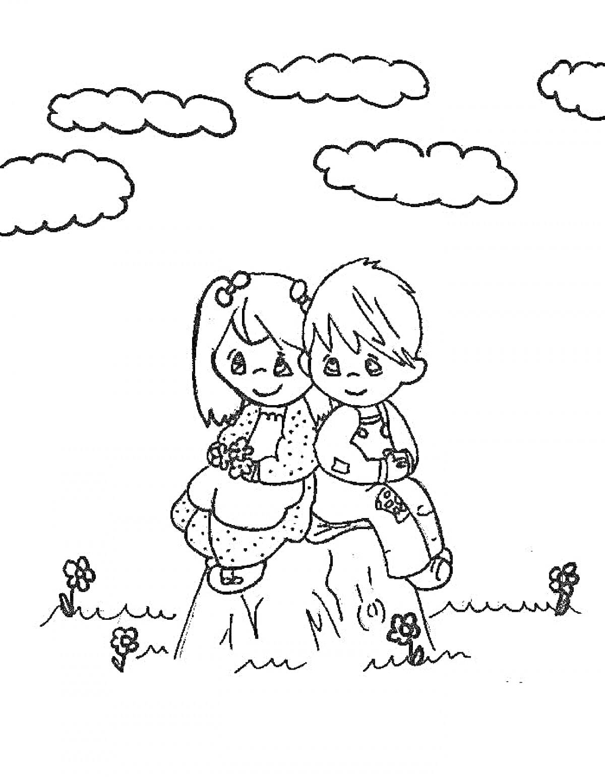 Раскраска Девочка и мальчик сидят на пеньке под облаками, вокруг цветы