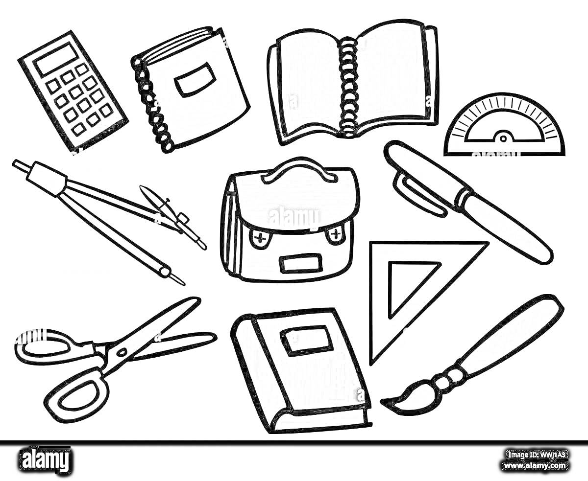 Раскраска Набор учебных принадлежностей (калькулятор, тетрадь, книга, транспортир, циркуль, ранец, ручка, ножницы, треугольник, кисть)
