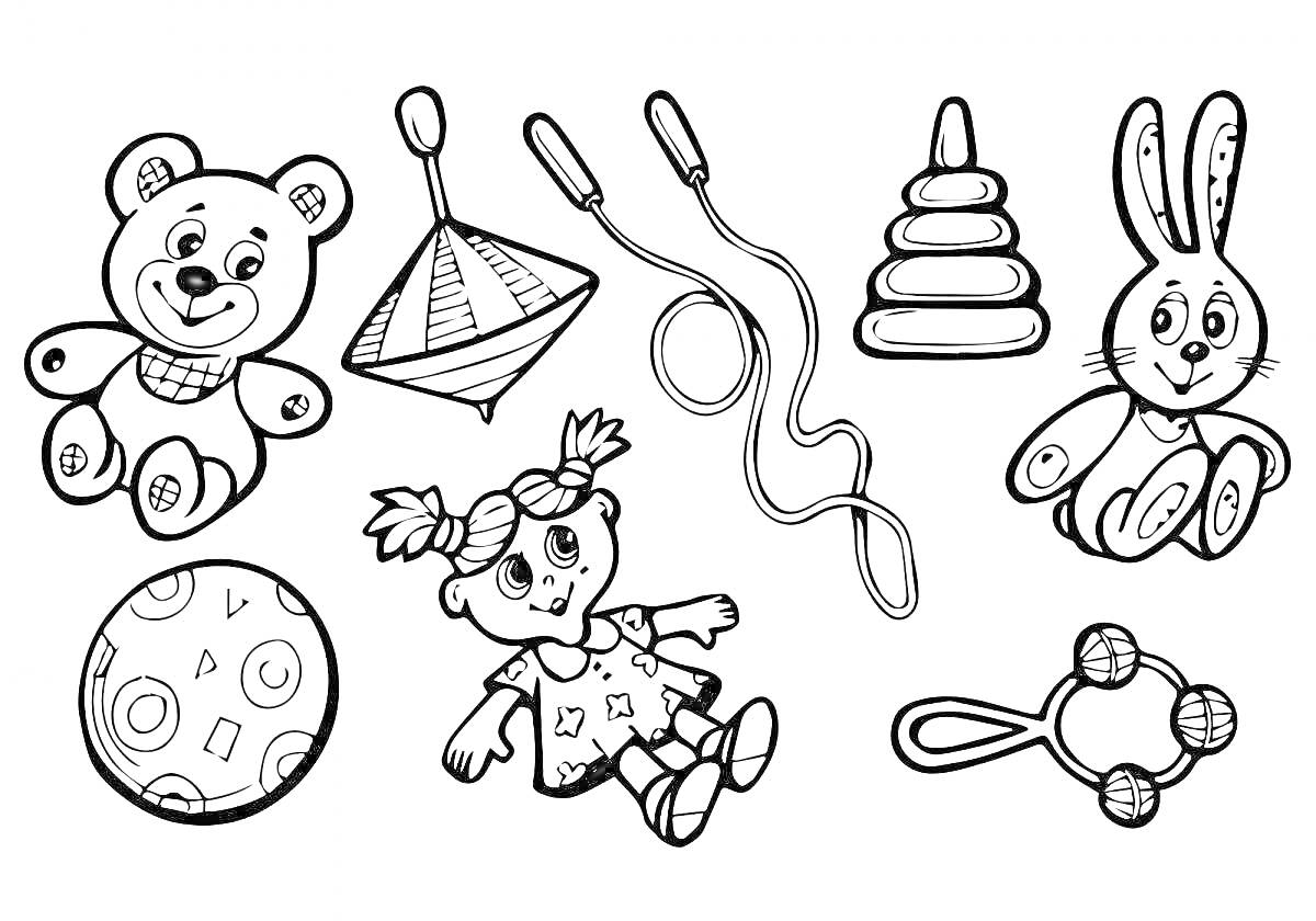 На раскраске изображено: Волчок, Скакалка, Кукла, Игрушки, Дети 3-4 года