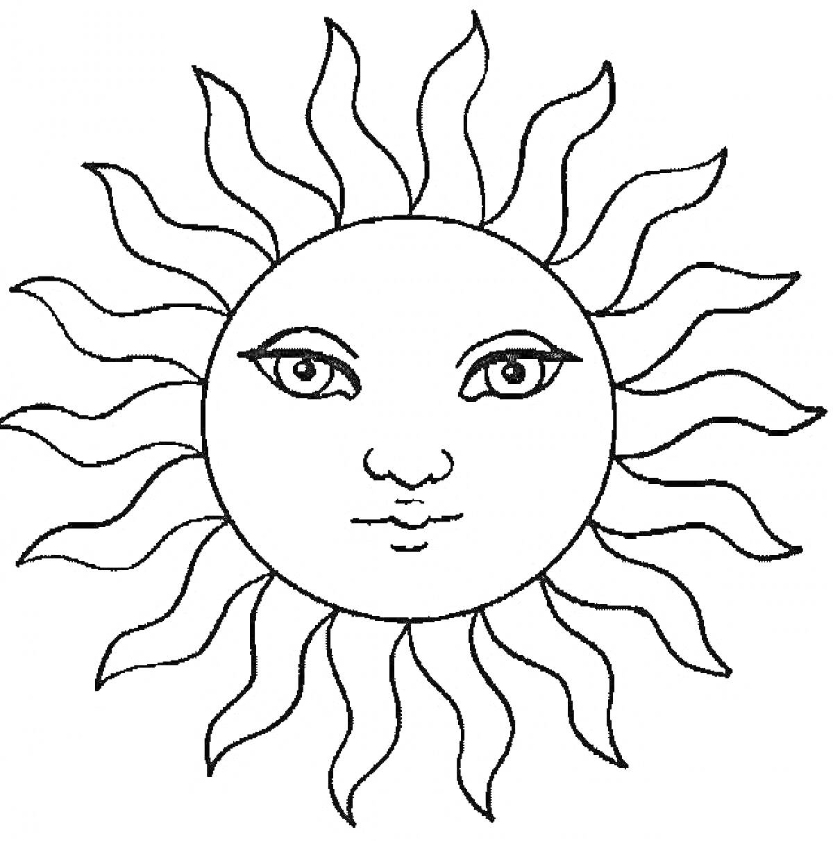 На раскраске изображено: Солнце, Лучи, Лицо, Природа, Творчество, Для детей