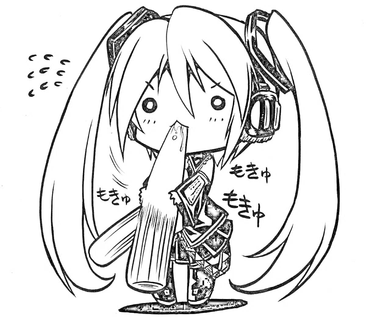 Раскраска Хацунэ Мику в наушниках с длинными косичками, держащая еду
