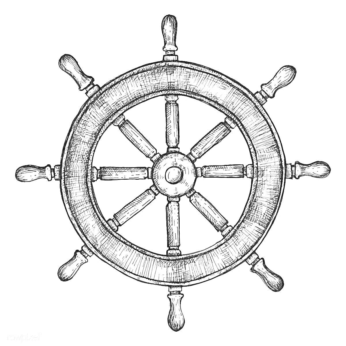 На раскраске изображено: Штурвал, Корабль, Навигация, Инструмент, Мореплавание