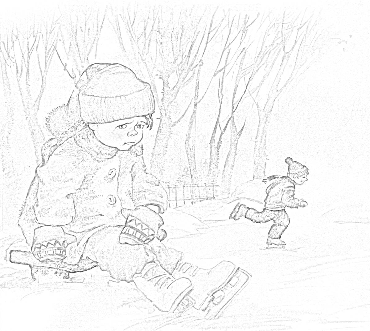 На раскраске изображено: Зимняя одежда, Девочка, Мальчик, Коньки, Зимний лес, Снег, Грустное лицо, Скамейки