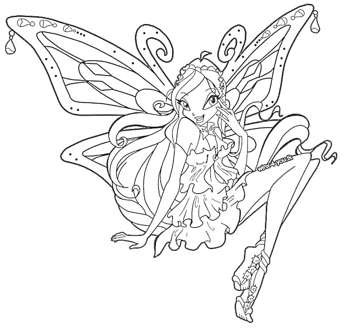 Раскраска Фея из Винкс с большими крыльями, в коротком платье, сидит, подперев голову рукой