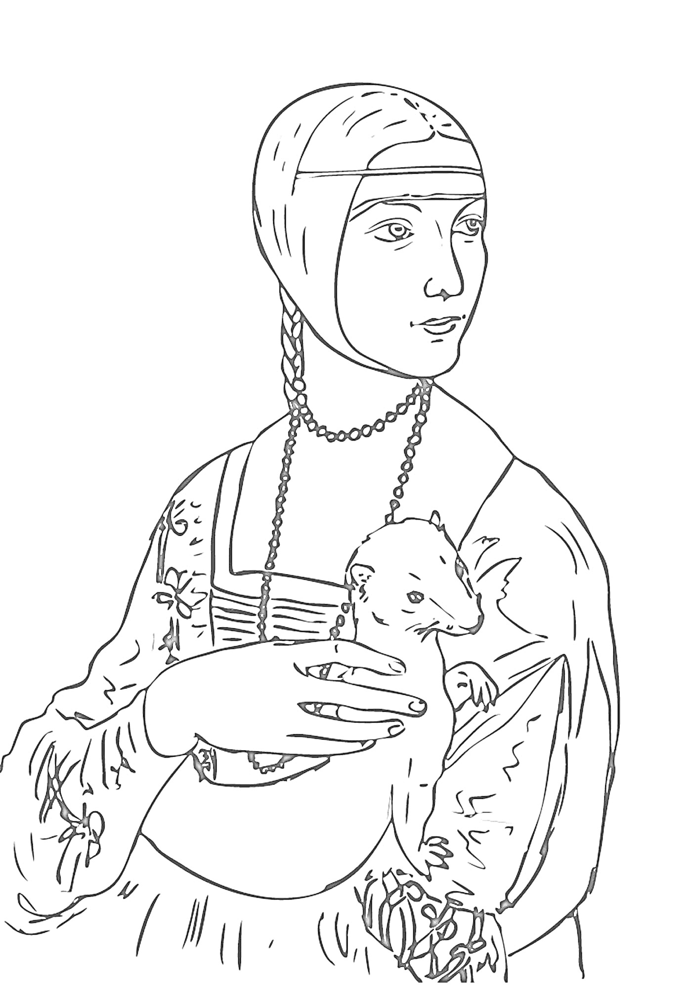 На раскраске изображено: Женщина, Ожерелье, Животные, Руки, Головные уборы