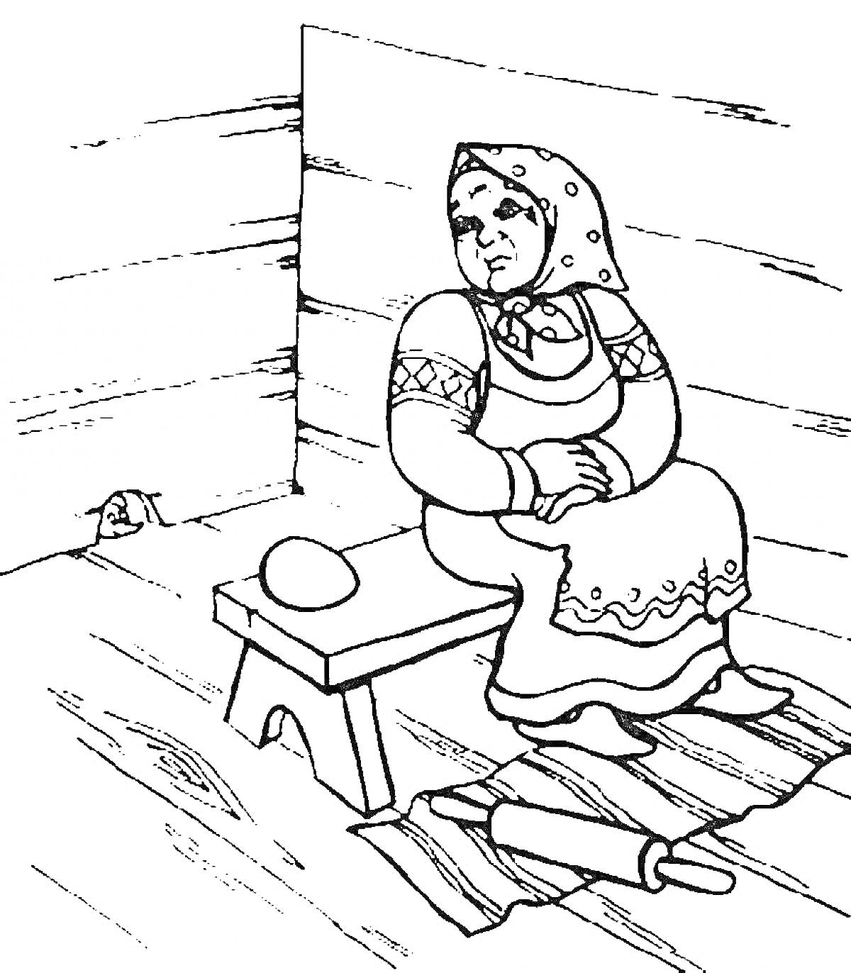 Бабушка на скамейке в русской избе с яйцом и скалкой на полу