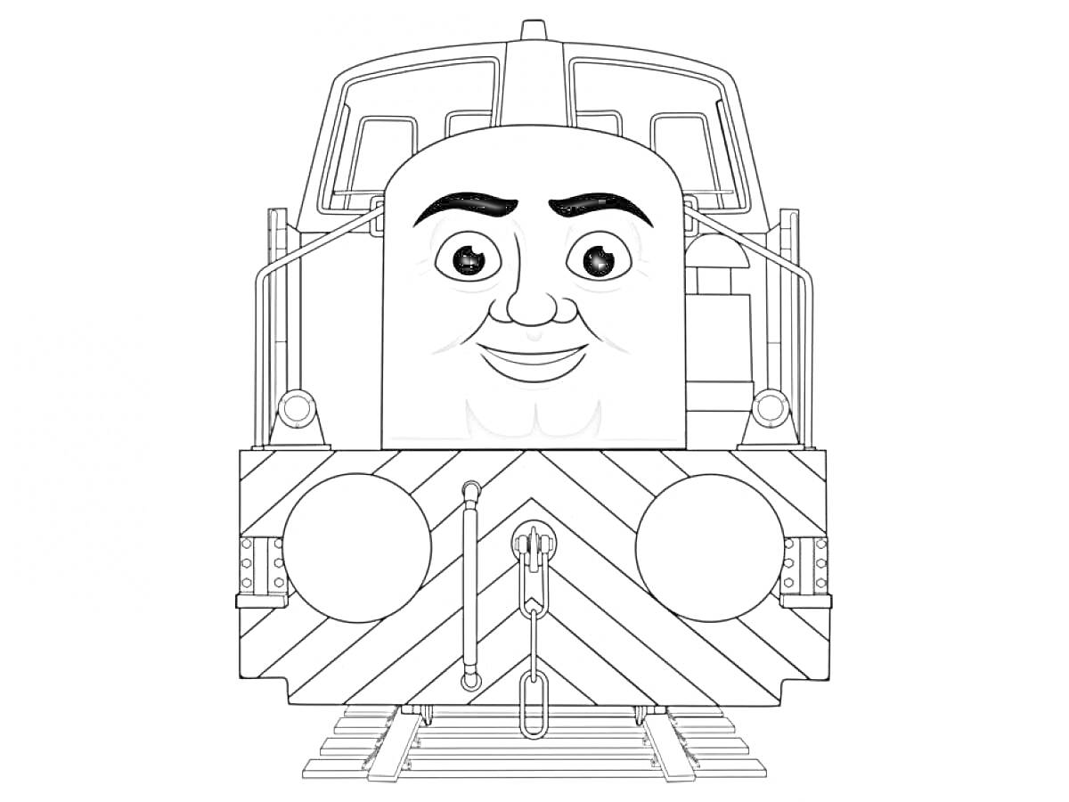 Раскраска Лицо поезда со счастливым выражением на железнодорожных путях