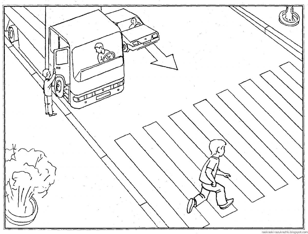 Раскраска Пешеходный переход с грузовиком, легковым автомобилем и пешеходом