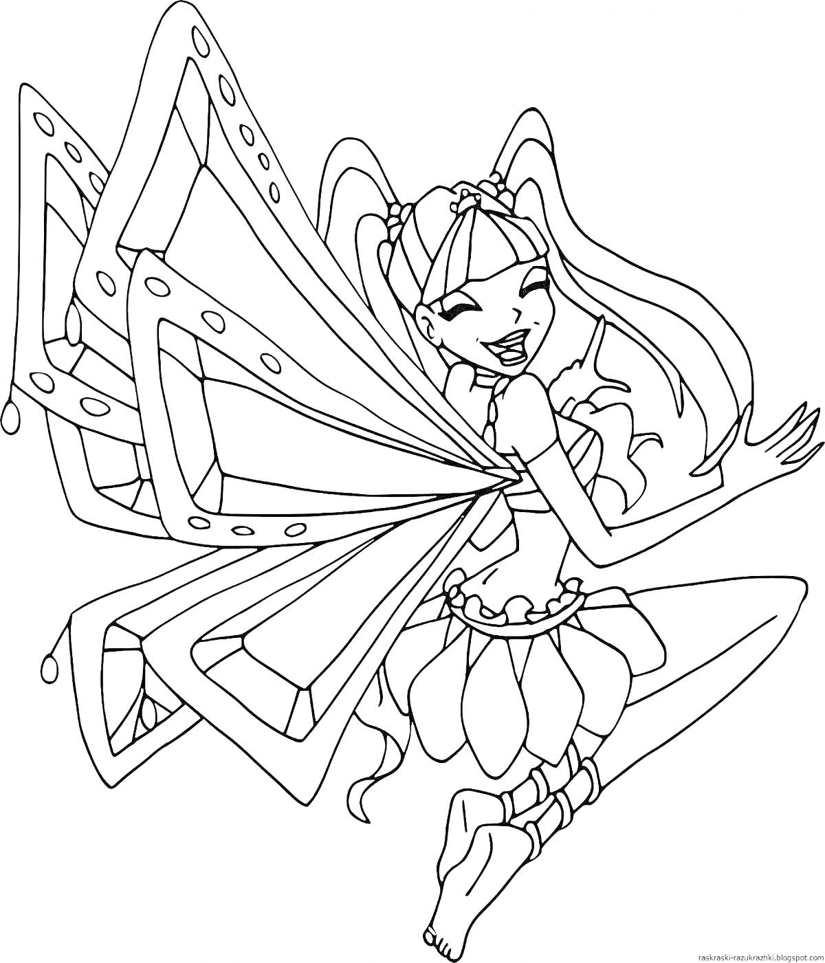 Раскраска Фея с большими крыльями и хвостиками, в коротком платье и на босу ногу