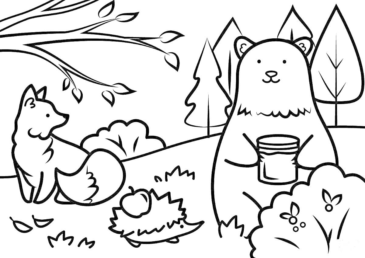 Раскраска Лисица и медведь в лесу с банкой меда, деревья, кусты и ежик с яблоком
