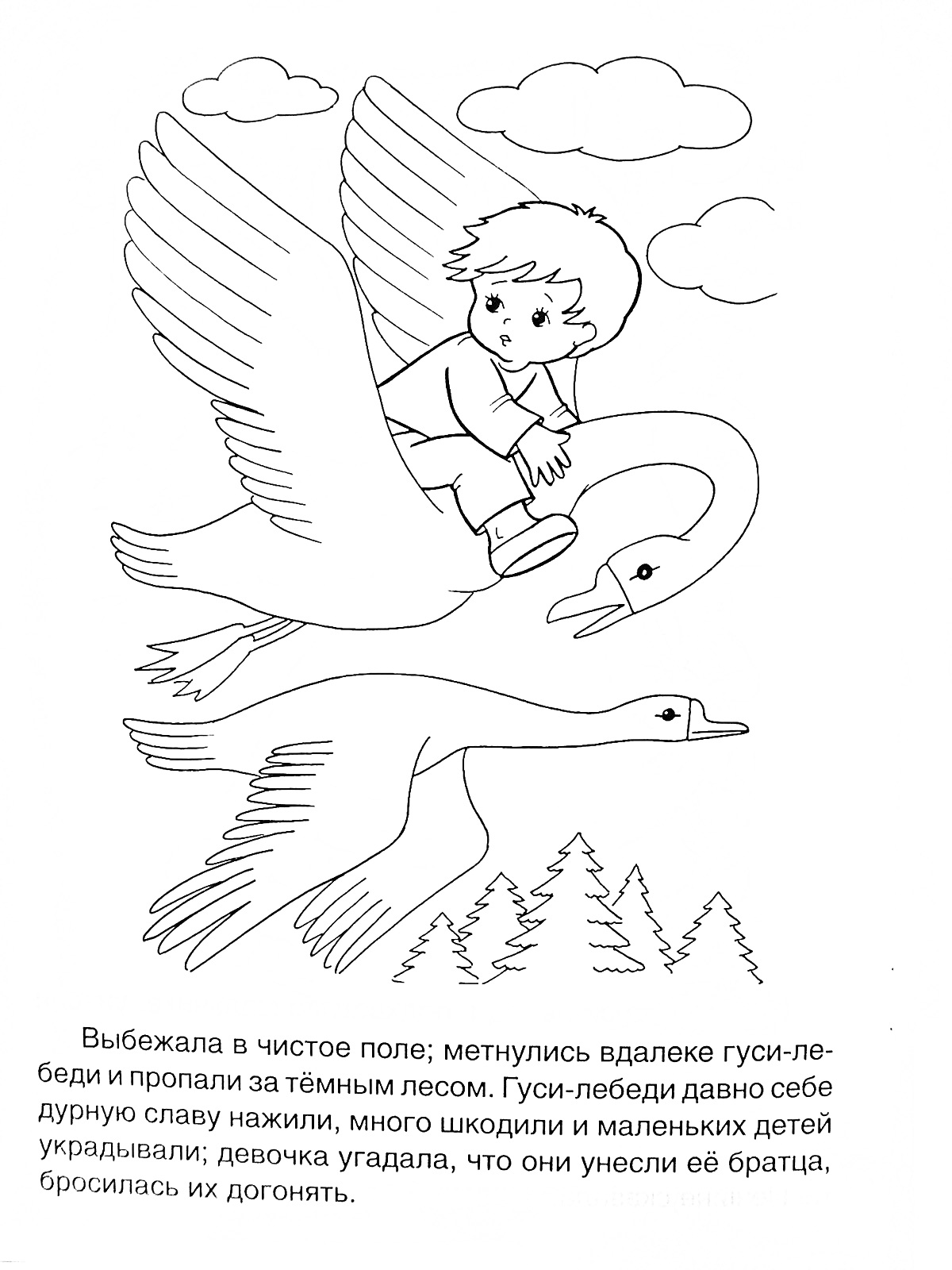 На раскраске изображено: Мальчик, Гуси-лебеди, Полет, Облака, Деревья, Природа, Лес