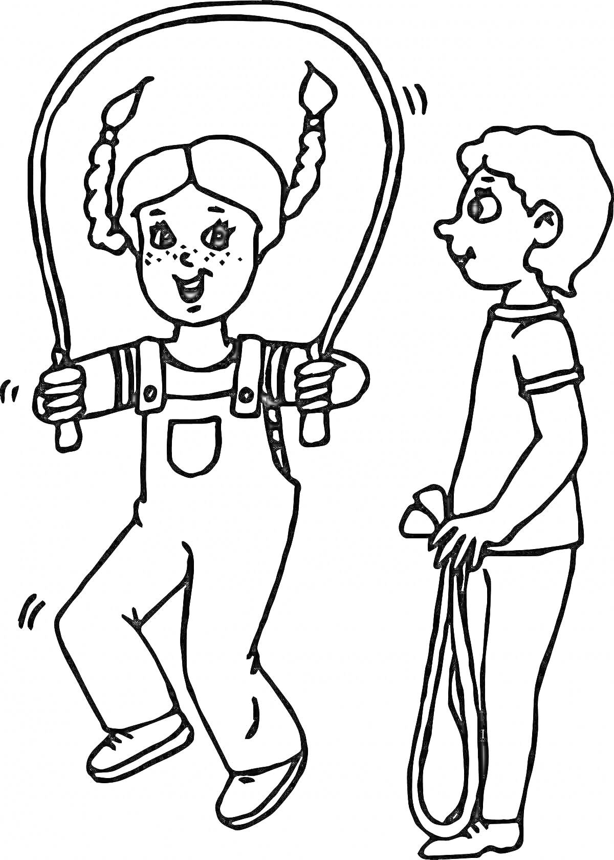 Раскраска Дети с веревочкой - девочка с косичками прыгает через веревочку, мальчик держит веревочку в руке