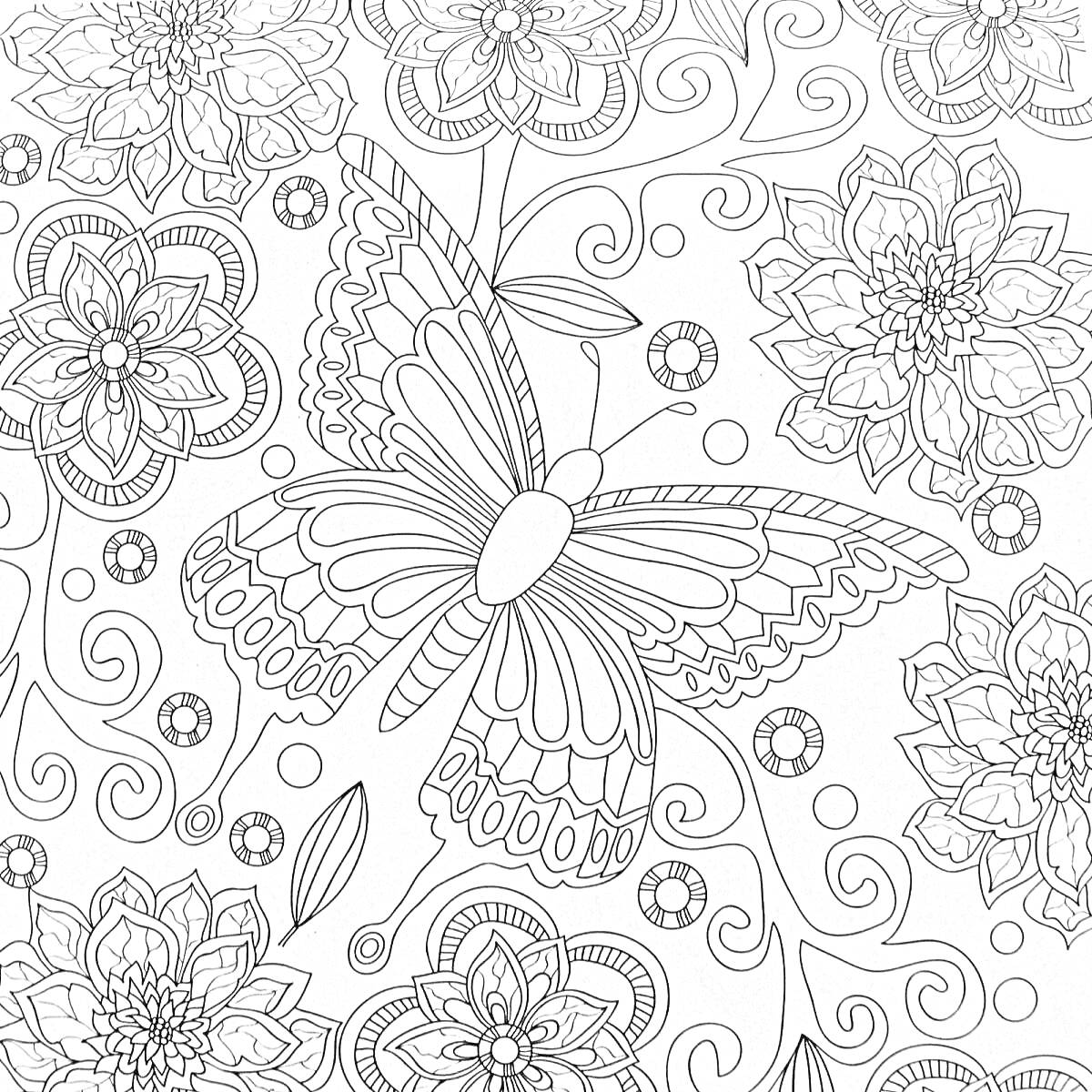 На раскраске изображено: Цветы, Бабочка, Релакс, Успокоение, Узоры, Листья, Природа