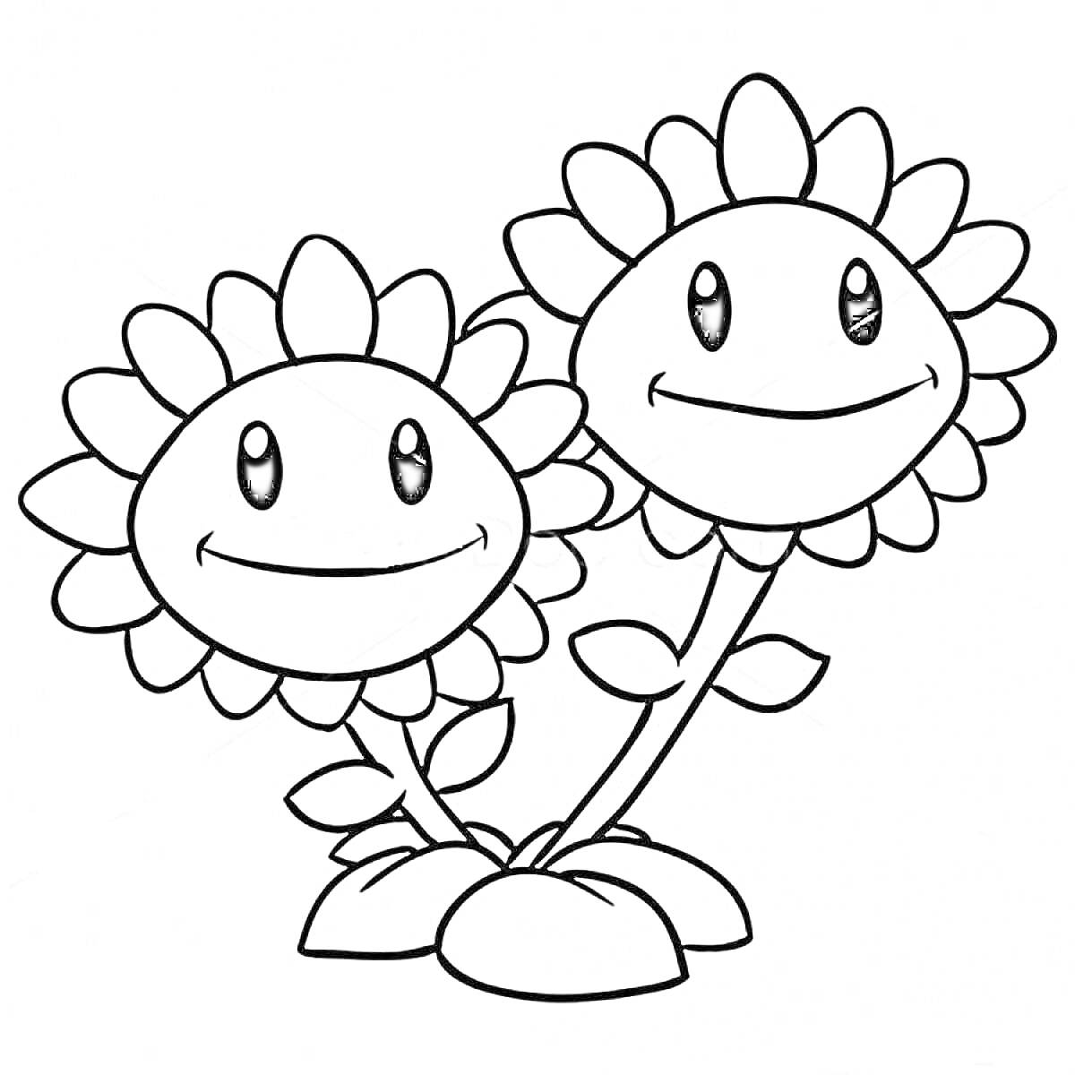 На раскраске изображено: Подсолнухи, Улыбающиеся цветы, Растения против зомби, Цветы, Растения, Для детей